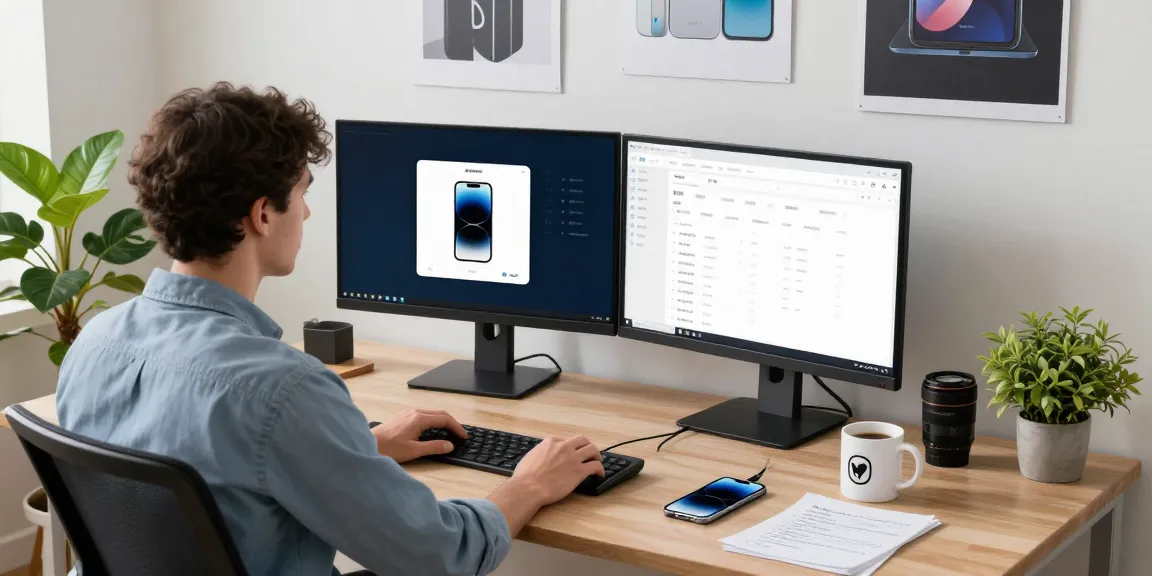 正在使用爱思助手进行iPhone系统恢复的技术人员，现代工作空间。