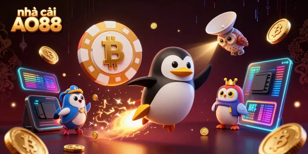 Experience the vibrant and dynamic world of nhà cái AO88, featuring a golden penguin and colorful crypto symbols in a casino-themed illustration.