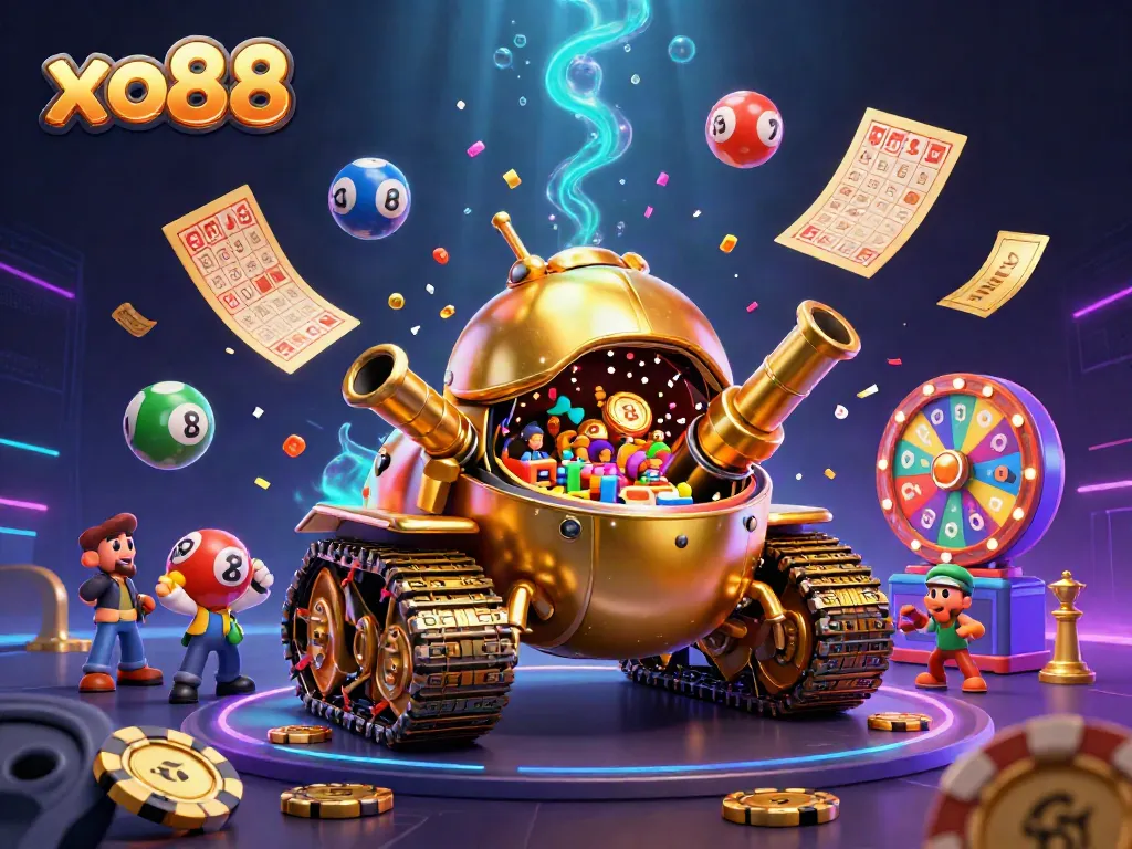 Experience excitement with xo88's lively casino scene featuring vibrant games and golden elements.