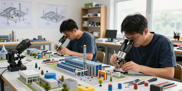 Detailansicht zum Modellbau Industrieanlage mit Handwerkern, die industrielle Modelle im Maßstab 1:50 anfertigen.