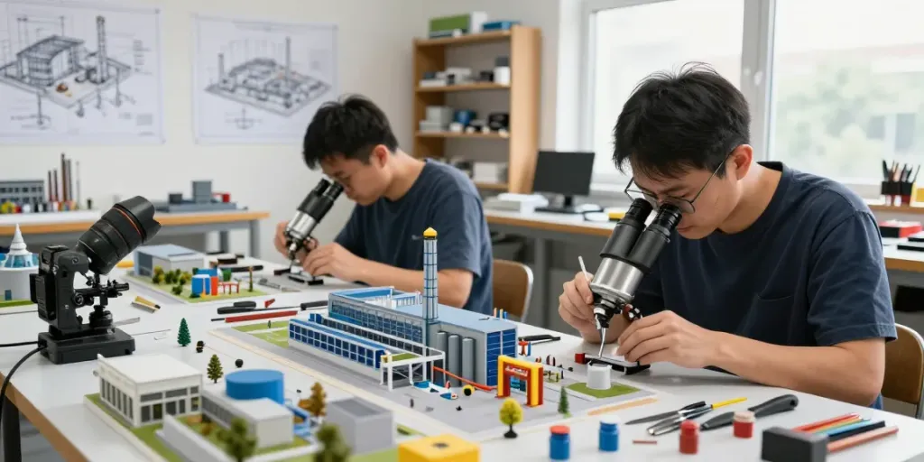 Detailansicht zum Modellbau Industrieanlage mit Handwerkern, die industrielle Modelle im Maßstab 1:50 anfertigen.
