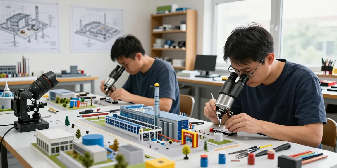 Detailansicht zum Modellbau Industrieanlage mit Handwerkern, die industrielle Modelle im Maßstab 1:50 anfertigen.