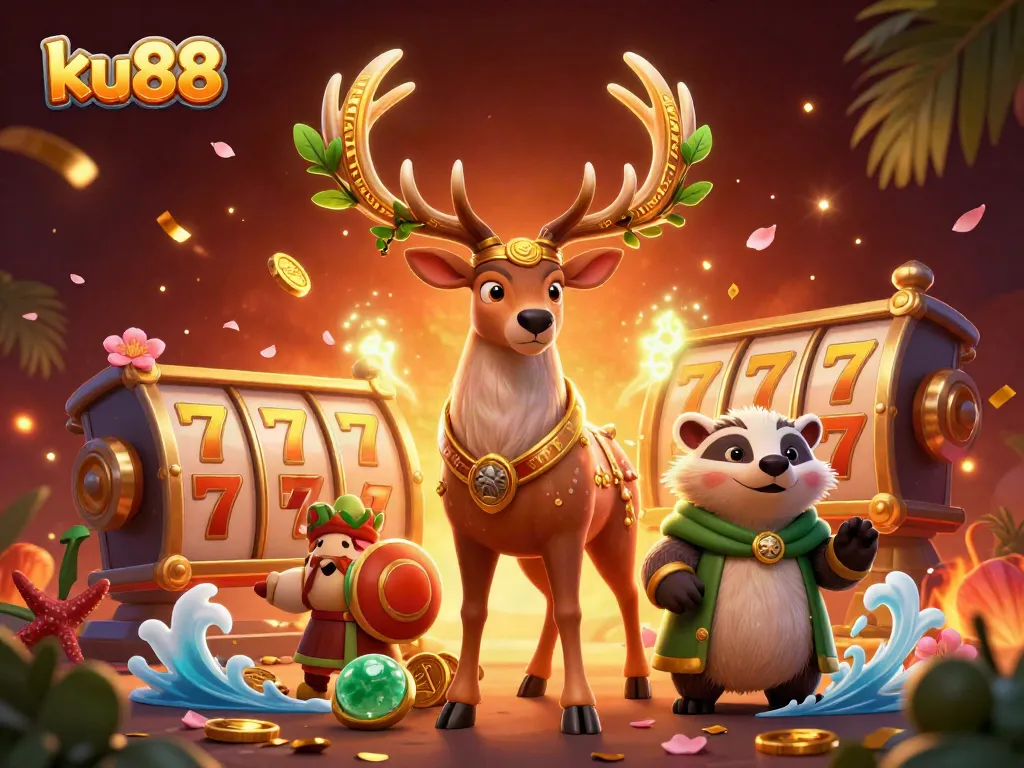 ku88 players enjoying vibrant slot games with characters in a dynamic 3D casino setting
