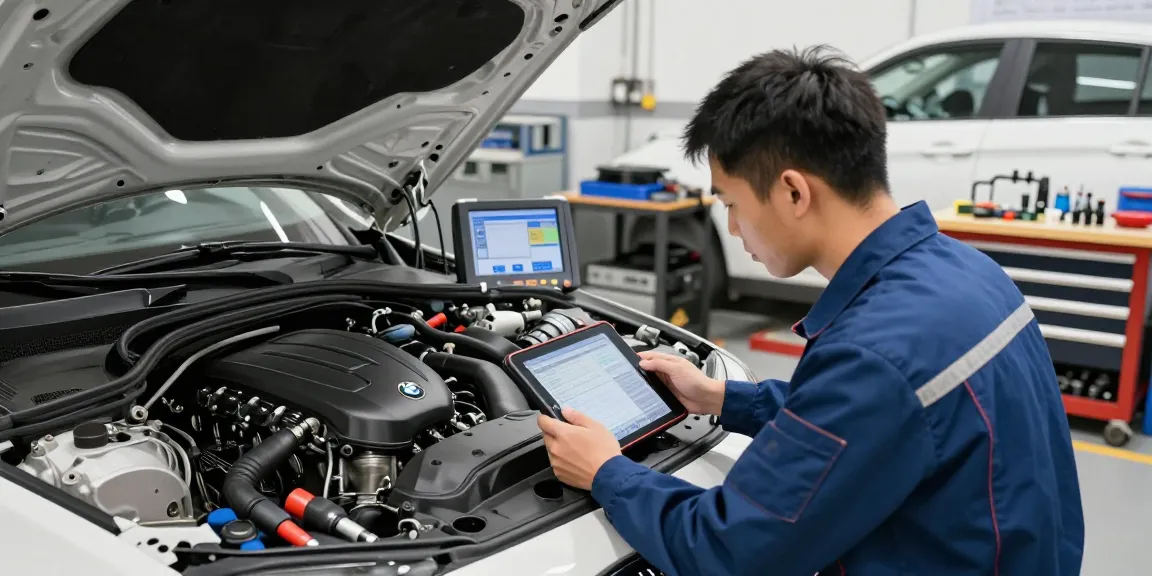 BMW Steuerkette Wechseln Service mit Mechaniker, der den Motor in einer professionellen Werkstatt untersucht.