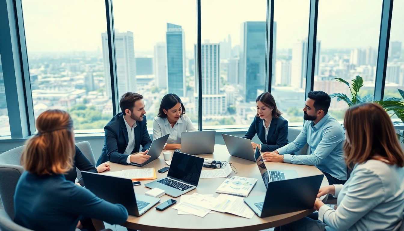 Professionelles IT Consulting Team arbeitet zusammen an einem Projekt und nutzt moderne Technologien.