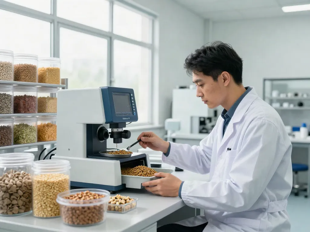 Expert analyzing rokok88 animal feed formulations in a modern production facility.
