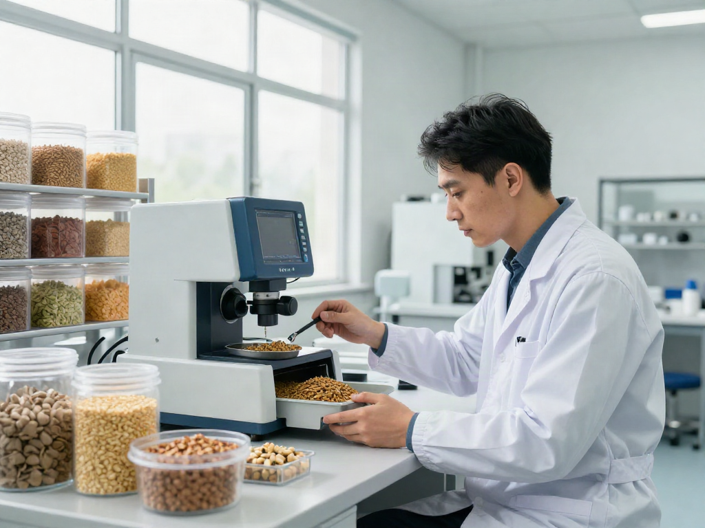Expert analyzing rokok88 animal feed formulations in a modern production facility.