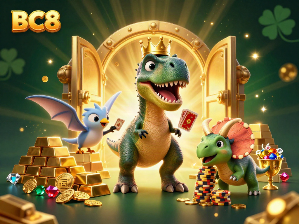 Experience thrilling card shuffling at BC8 with a T-Rex, pterodactyl and triceratops amidst sparkling casino treasures.