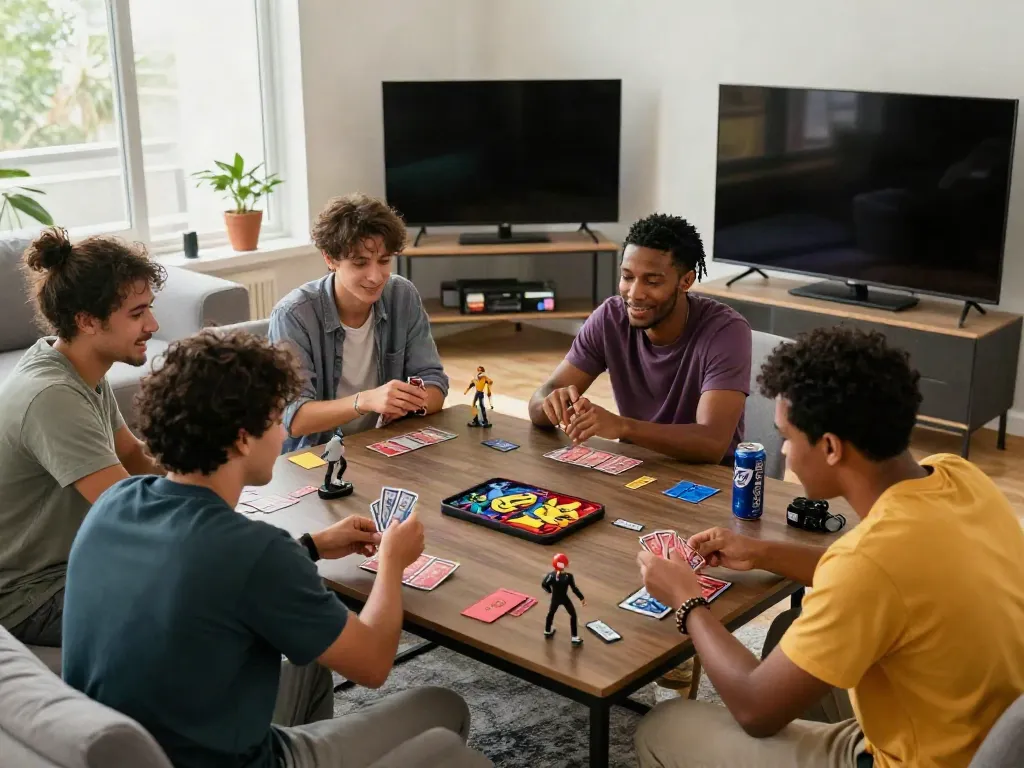 Exciting gaming community experience at https://sky88tg.com/ with friends enjoying card games in a vibrant living room.