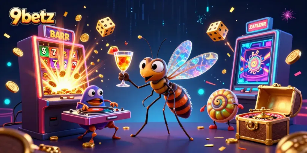 Experience thrilling casino gameplay with 9betz featuring a vibrant mascot and colorful winnings.