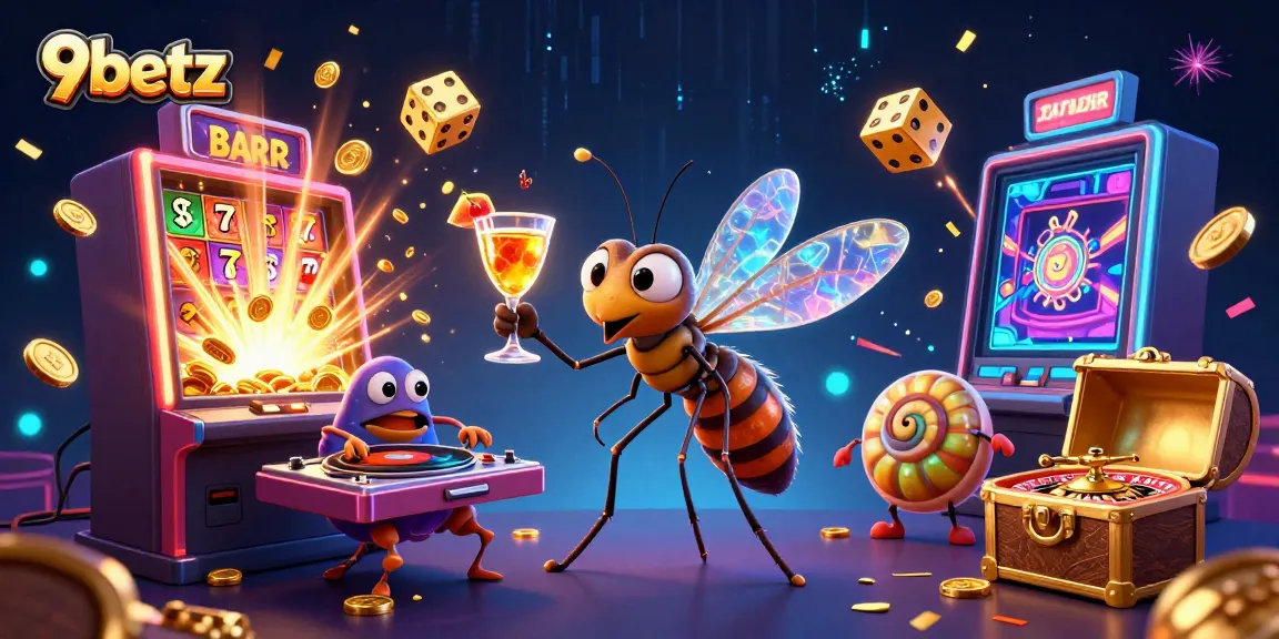 Experience thrilling casino gameplay with 9betz featuring a vibrant mascot and colorful winnings.