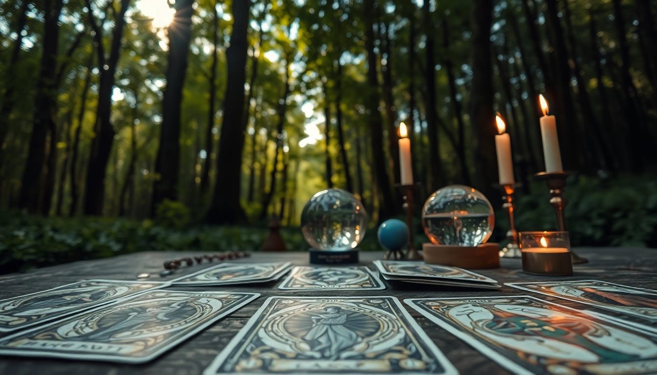 Die tarotkarten bedeutung auf einem eleganten Tisch in einem mystischen Wald.