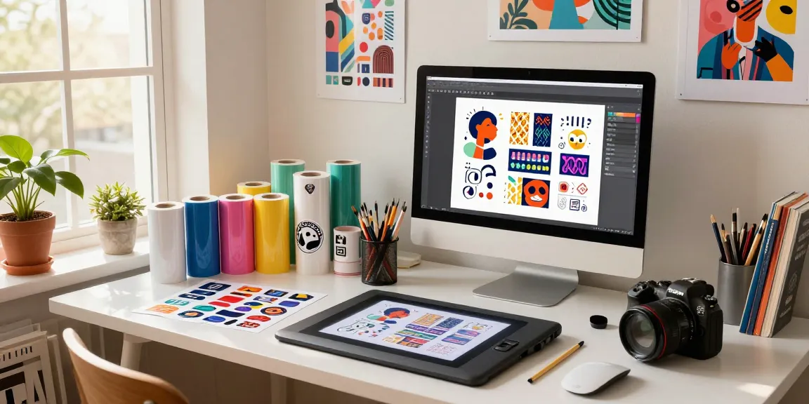 Creative designer producing custom stickers in a vibrant workspace with colorful materials.