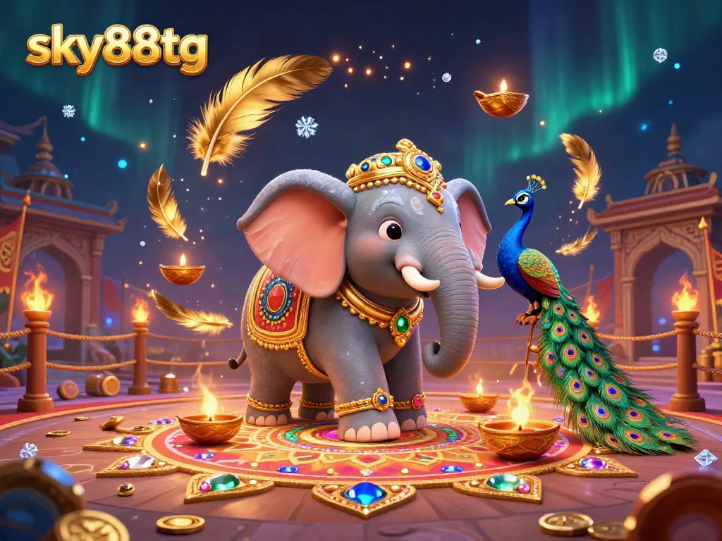 Engage with sky88tg in vibrant casino excitement featuring a decorated elephant and peacock amidst a dazzling spectacle.