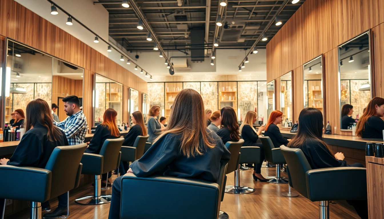 Experience innovative 헤어컷 미용실 with diverse clients enjoying professional haircuts in a vibrant salon atmosphere.