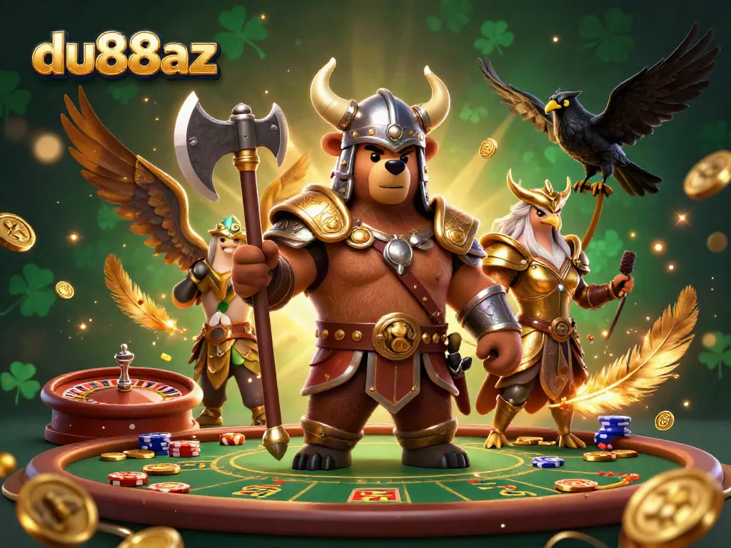 Engage in thrilling gameplay at du88az featuring a Viking bear and Valkyrie eagle in a vibrant casino atmosphere.