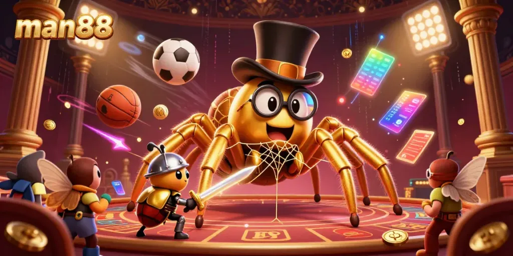 Engage in thrilling casino adventures with man88, featuring a golden tarantula and beetle knight in a vibrant scene.