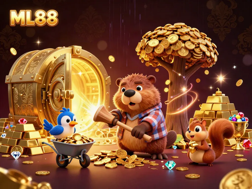 Win exciting rewards with ML88's captivating online gaming experience featuring a magical treasure vault and playful characters.
