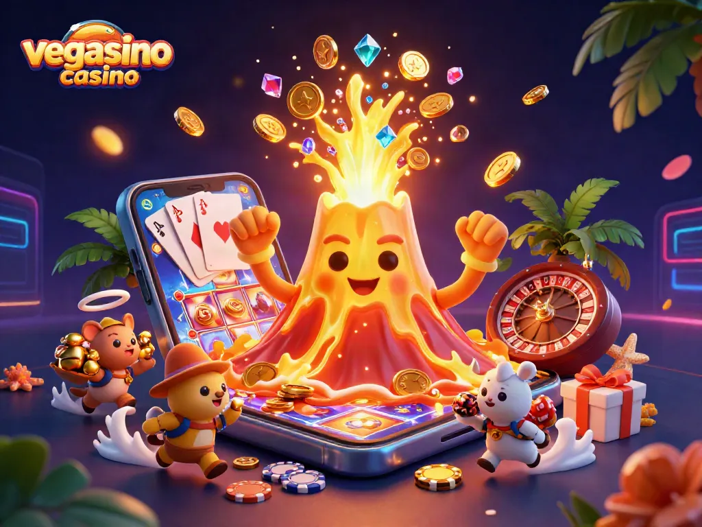 Experience excitement at vegasino casino with a volcano erupting coins and treasures in a dynamic scene.