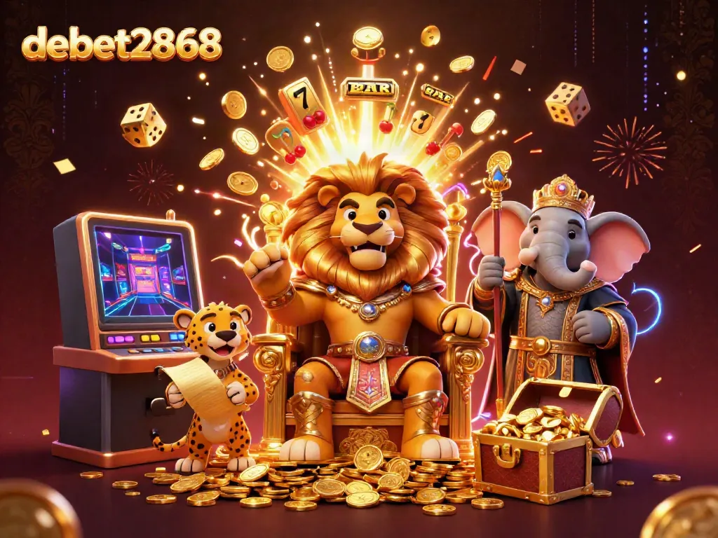 Engage with debet2868's thrilling jackpot scene featuring a lion king, elephant advisor, and cheetah messenger.