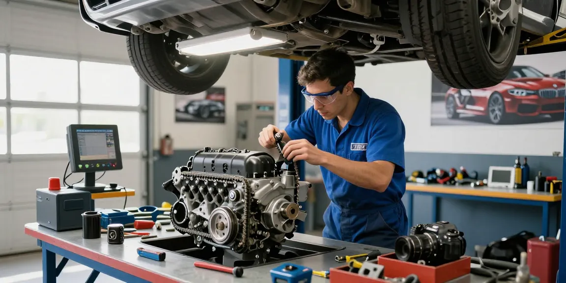 BMW Steuerkette Wechseln Hannover mit einem erfahrenen Mechaniker, der einen Motor inspiziert und Präzision in der Automobilpflege zeigt.