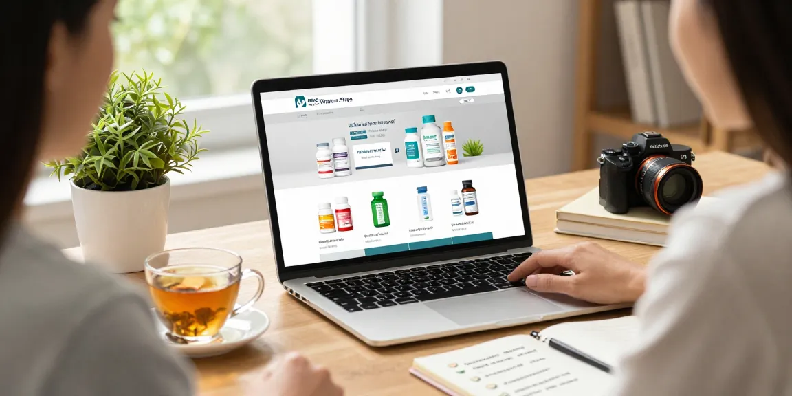 Die Frau erkundet online die Gesundheitsprodukte von Medi Pharma Shop in einem hellen Home-Office-Setup, das Wellness und Zugänglichkeit fördert.