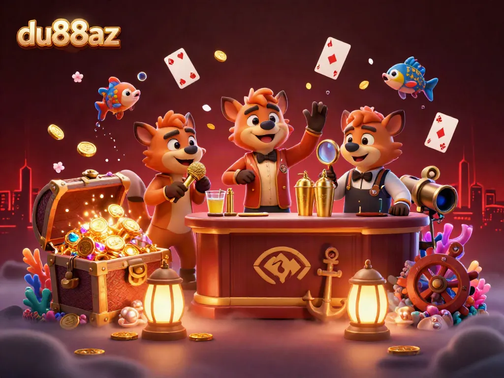 Engage in fun at du88az casino with hyenas, as they serve drinks and humor in a vibrant atmosphere.