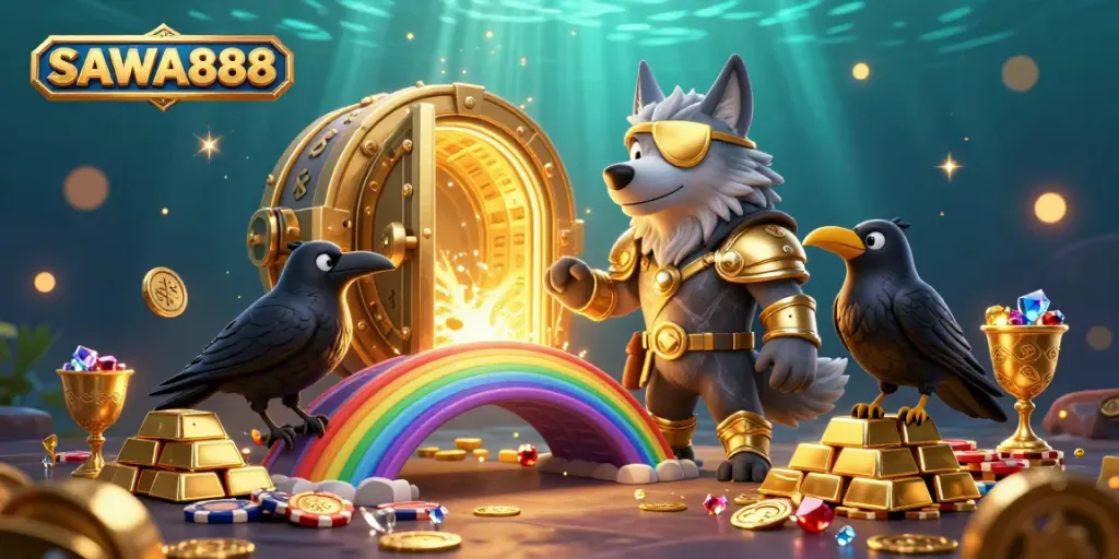 Engage with SAWA888 through this vibrant 3D casino scene featuring a Norse mythology-inspired wolf surrounded by riches.