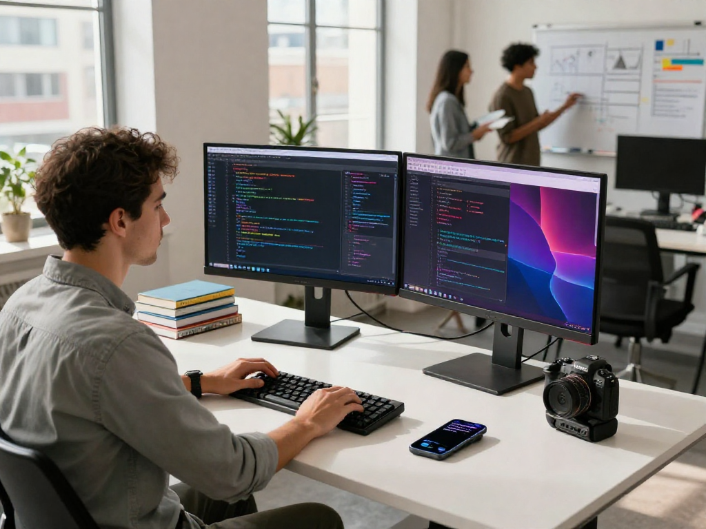 Developer coding at modern office workspace with http://debet-app.com on monitors, showcasing tech innovation and collaboration.
