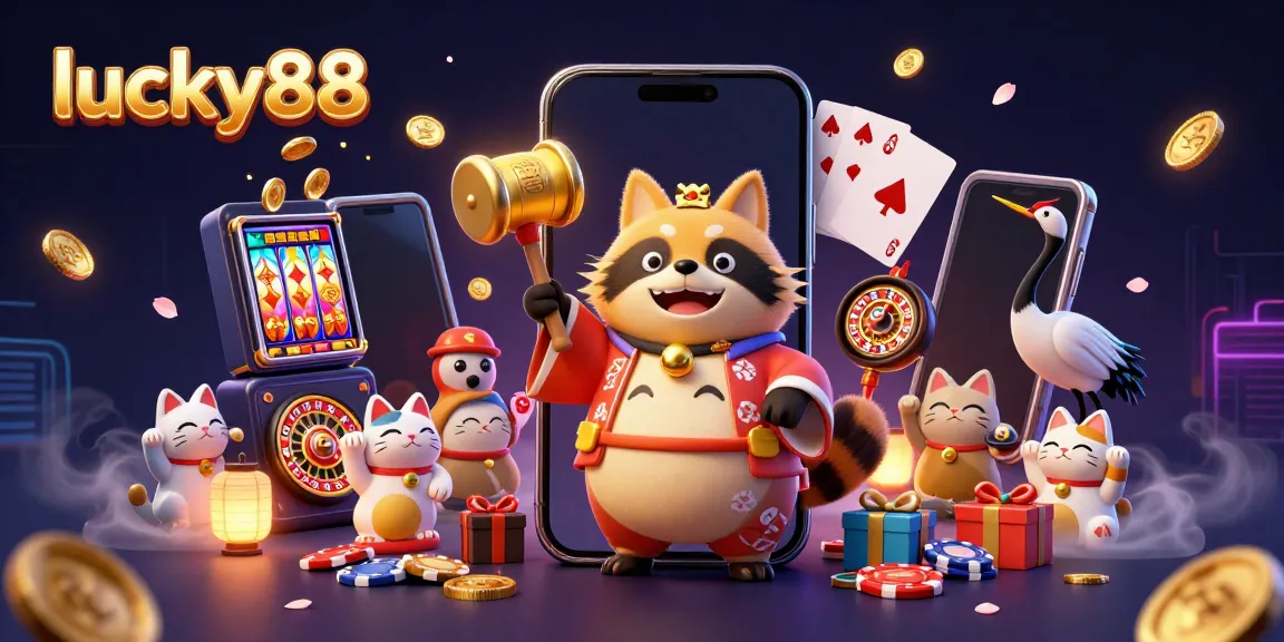 Experience the thrill of lucky88 with joyful characters amidst vibrant gaming elements and rich illustrations.