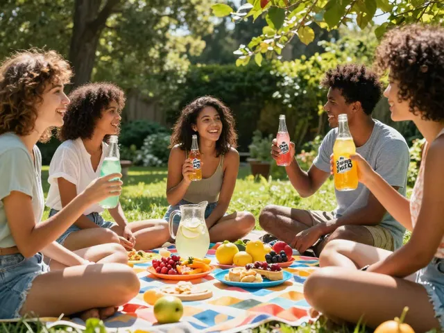 Sunlit summer picnic with friends enjoying ROKOK88 soda, lively garden setting.