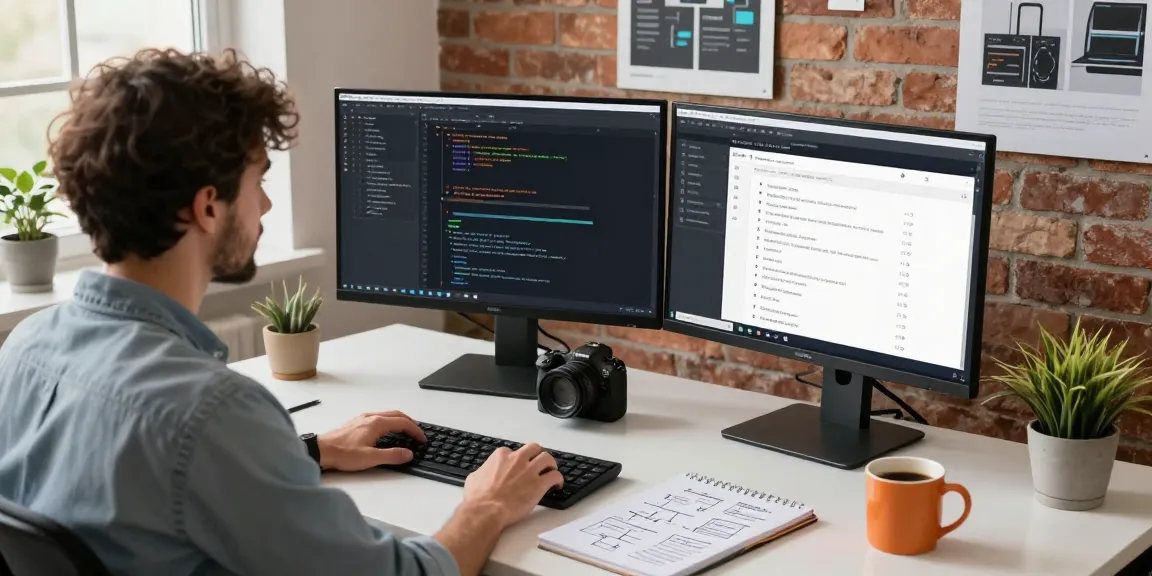 Build internal tools with AI in a modern workspace, showcasing a developer at a dual-monitor setup, coding and planning.