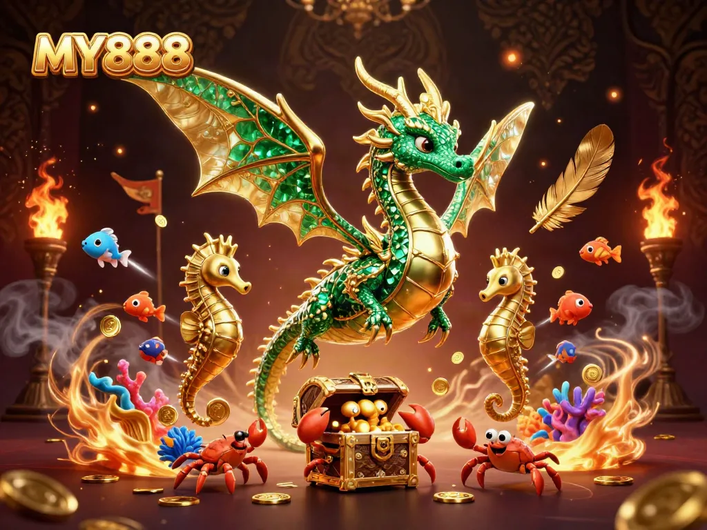 Engage with MY888's magical realm of betting featuring a regal sea dragon, treasure, and vibrant fish shooting game elements.