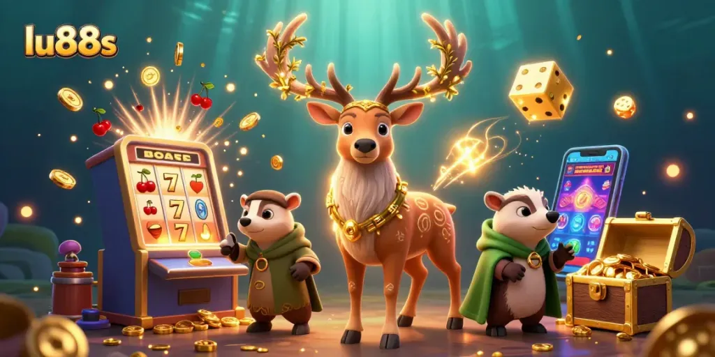 Spin the reels and win with lu88s in this vibrant 3D casino scene featuring luck and excitement.