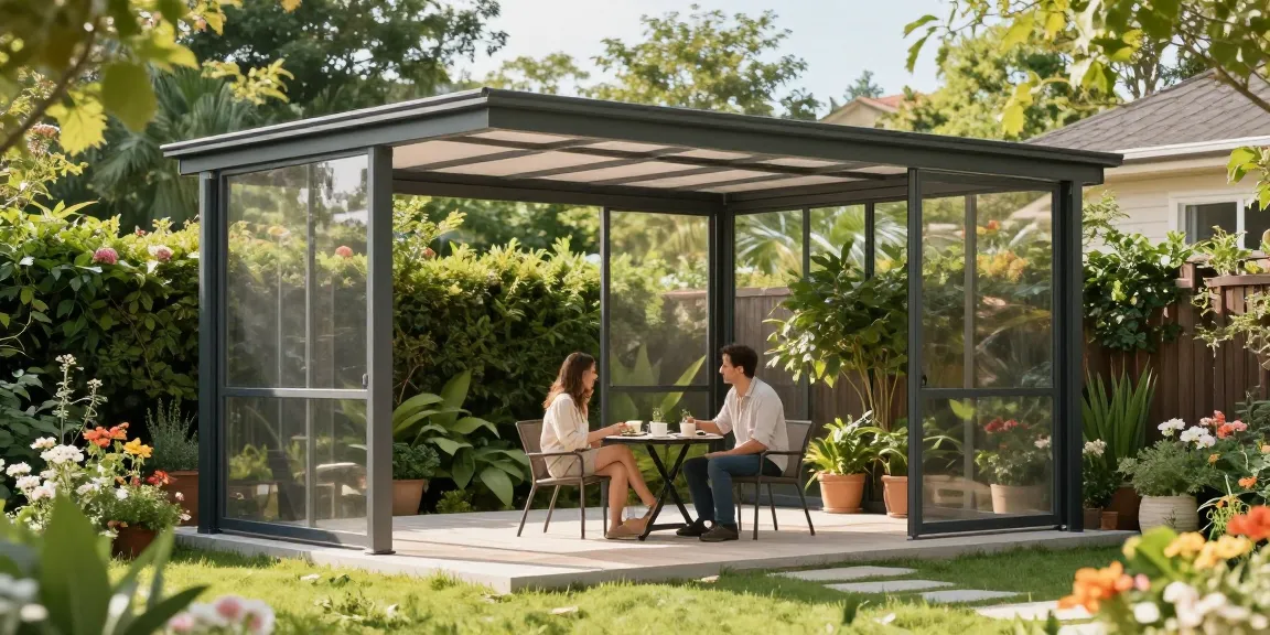 Moderne freistehende Terrassenüberdachung im Garten mit Paar beim Kaffeetrinken.