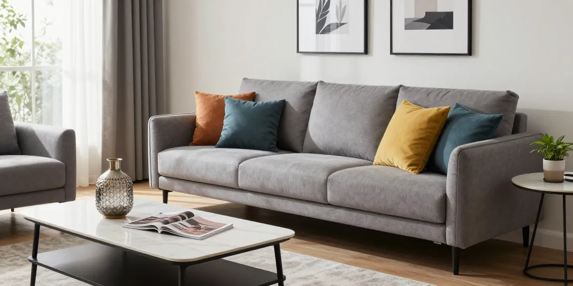Ein modernes Wohnzimmer mit stilvollen Möbeln, perfekt für möbel online kaufen, zeigt ein graues Sofa, einen zeitgenössischen Couchtisch und warmes, natürliches Licht.