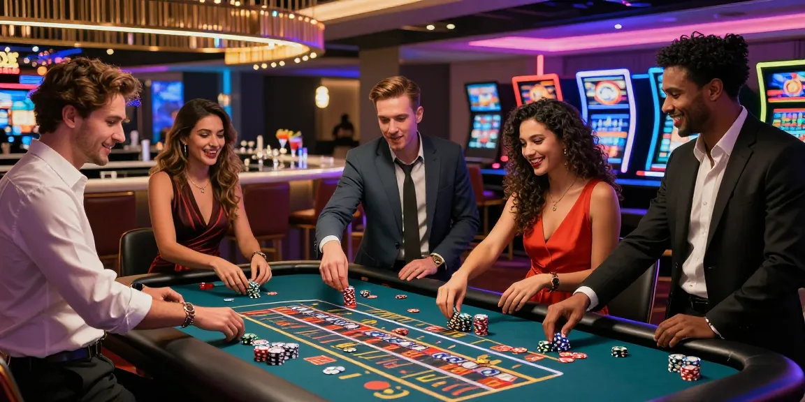 Energetic casino scene at FC88, friends enjoying roulette under vibrant neon lights.