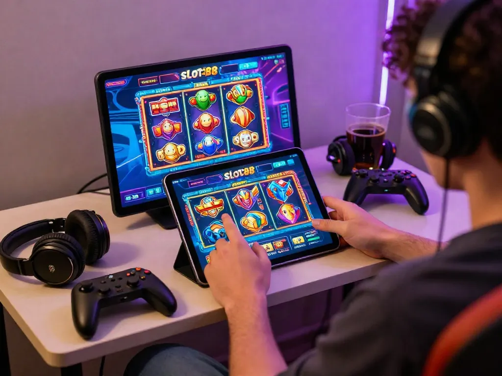Engaging scene of a gamer enjoying slot88 games on a tablet, surrounded by gaming accessories and vibrant graphics.