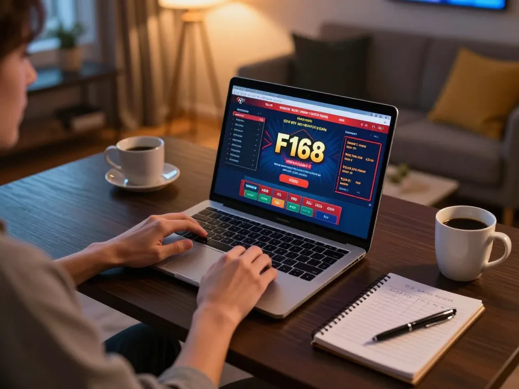 Engaging in online casino gaming at F168 with laptop, coffee, and betting strategy notes.