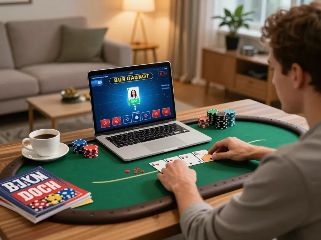 Player using TR88 online casino on laptop in a cozy setting, showcasing engaging gameplay.