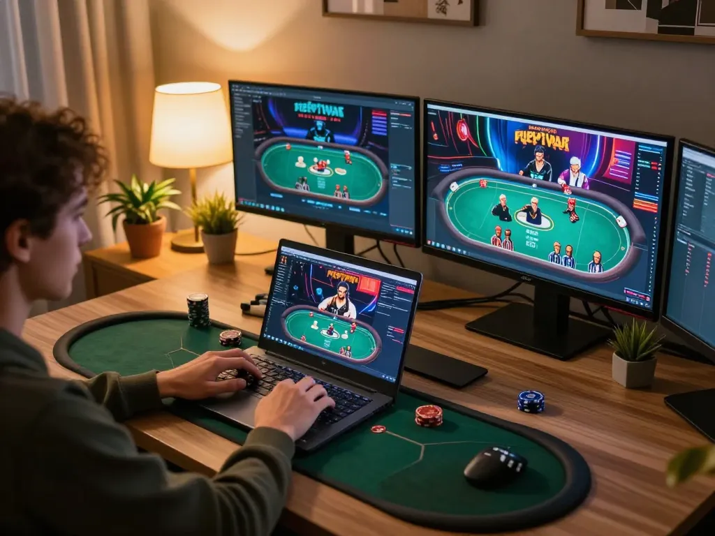 Engage in online poker at https://dn88s.net/ with a lively gaming setup, showcasing dynamic gameplay and cozy atmosphere