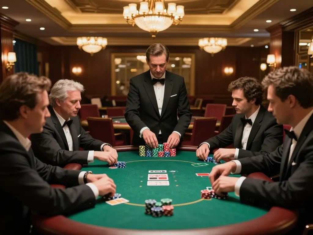 Immobilienmakler Frankfurt Eckenheim trifft strategische Entscheidungen an einem Pokertisch, Spieler engagiert in einem Spiel mit hohen Einsätzen.