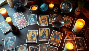 Erlebe tarotkarten bedeutung durch kunstvolle Darstellungen und mystische Atmosphäre bei einer Kartenlesung.