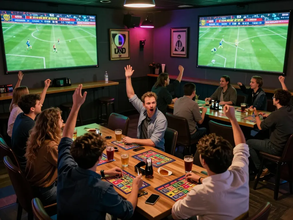 Engaged fans placing kèo nhà cái bets while watching a thrilling soccer match in a lively sports bar