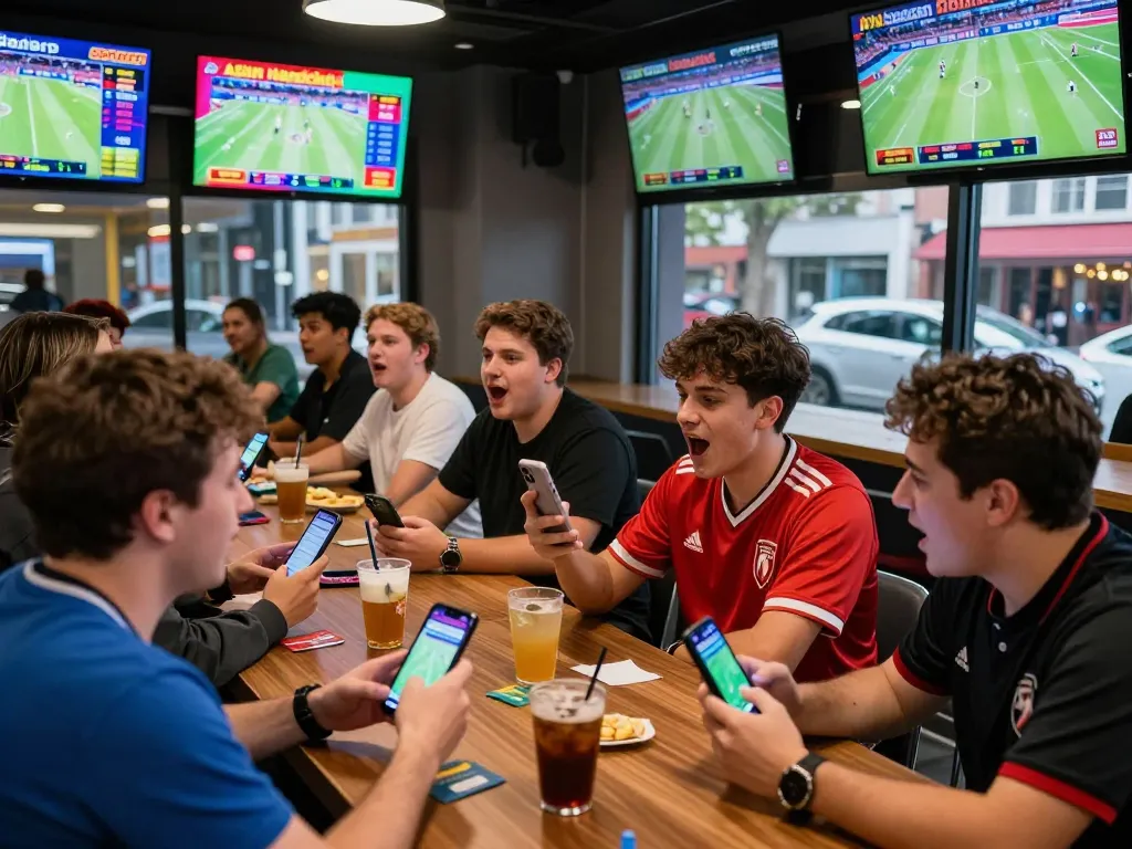 SBOBET sports betting lounge scene with friends cheering and placing bets during a live game.