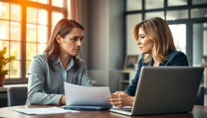 Hausverkauf bei Scheidung: Couple discussing their home sale options with an agent in a warm office setting.