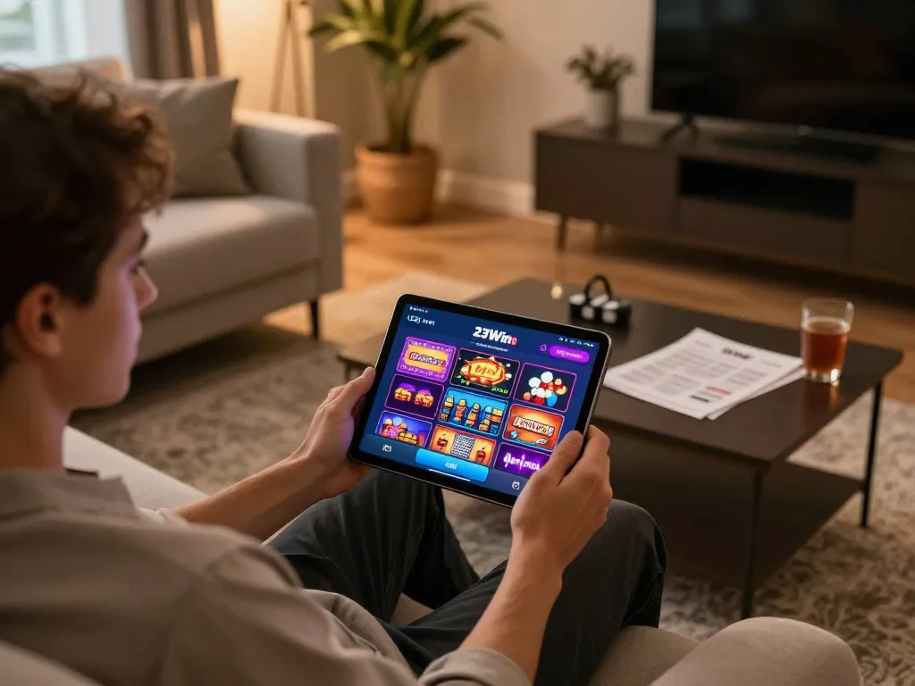 Engaging with the 23Win casino app in a cozy living room setting, emphasizing responsible gaming.