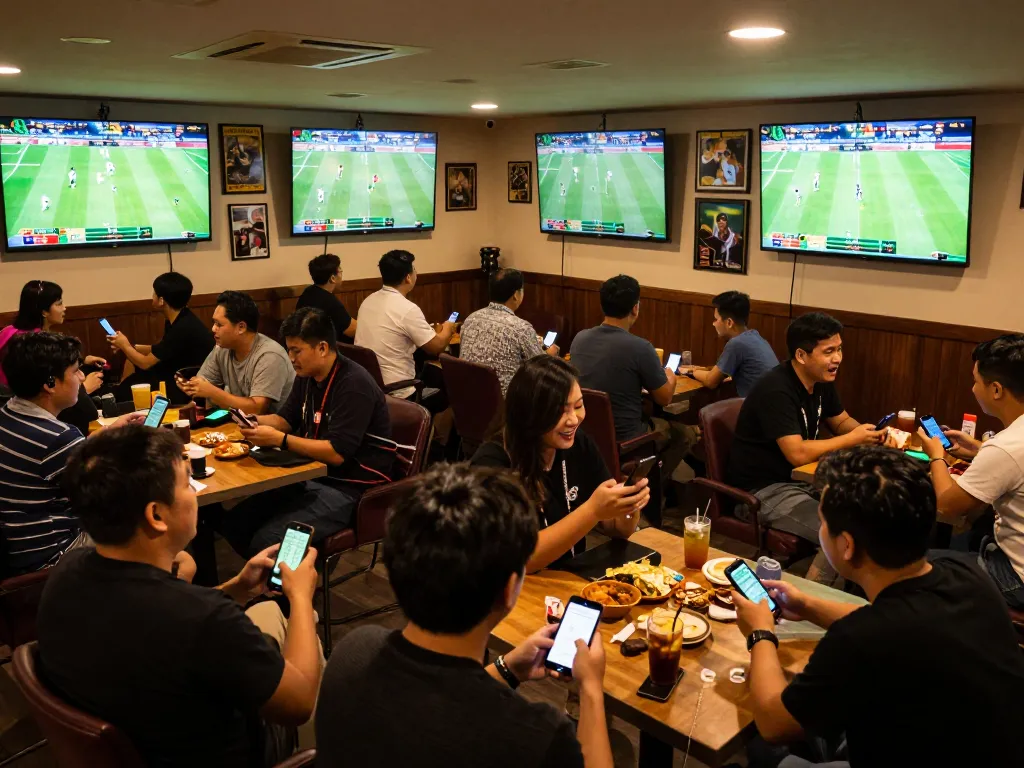 Engaged sports bettors enjoying live matches while analyzing soi keo nha cai odds on mobile devices.