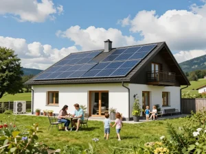 Photovoltaik Bayern: Familie genießt ein solarbetriebenes Zuhause in einer lebendigen bayerischen Landschaft.