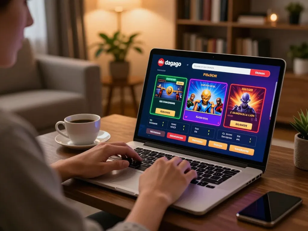 Person engaging with dagago casino app on laptop in cozy home setting, highlighting online gambling experience.